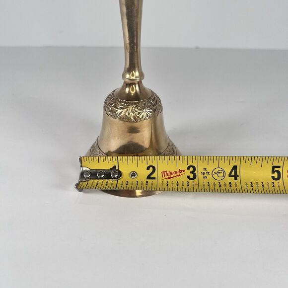 Solid Brass‎ Bell 7” Tall Carved With Flowers - Picture 8 of 9